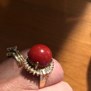 Huge diamond and coral 18K gold ring